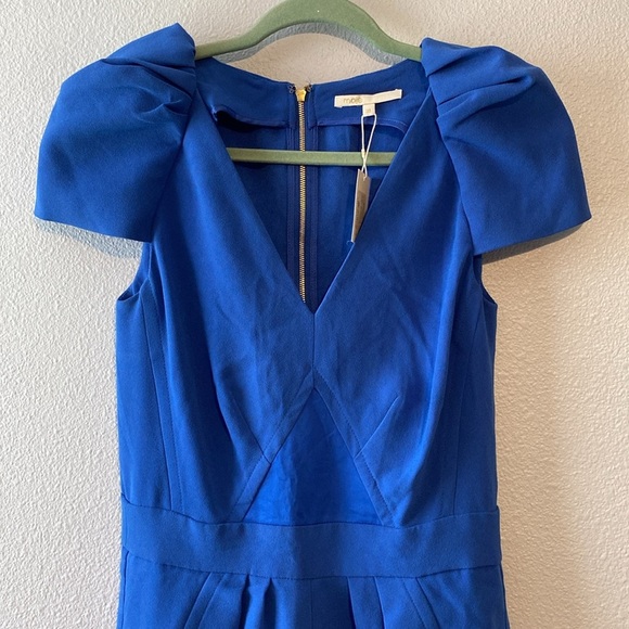 Maje Royal Blue Pyramid Inset Short Sleeve Pleated Dress 38 
Lined V-Neck Mini - Picture 5 of 9